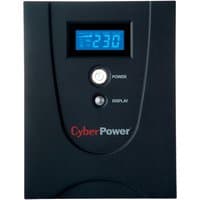 Black CyberPower UPS with LCD screen, power button, and red CyberPower logo on front panel.