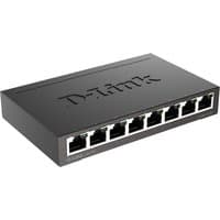 Black D-Link 8-port gigabit switch with Ethernet ports and logo on top.