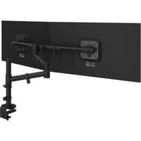 Black Dataflex Viewgo monitor arm with dual adjustable arms and desk clamp attachment.