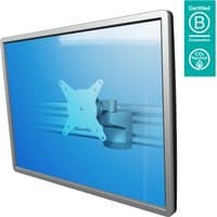 Silver Dataflex Viewlite monitor arm with adjustable rail mount and VESA plate on blue background.