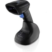 Black Datalogic QM2500 barcode reader with ergonomic grip and blue trigger on charging base.