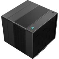 Black DeepCool ASSASSIN IV air cooler with a sleek cube design and a 14 cm fan, featuring a subtle logo on top.