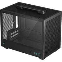 Black DeepCool CH160 SFF case with mesh panels, top handle, and front USB ports.