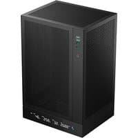 Black Deepcool CH170 Digital Mini-ITX case with mesh panels, compact vertical design, and front digital display.