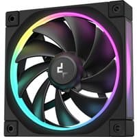 Black DeepCool FL12 computer case fan with RGB lighting and 12 cm blades, featuring a sleek square frame.