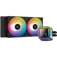 Black DeepCool LS520 liquid cooler with dual RGB fans and a square pump head with illuminated logo.