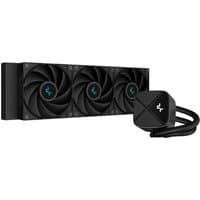 Black DeepCool LS720S Zero Dark liquid cooler with three 12 cm fans and sleek pump head design.