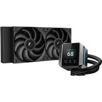 Black DeepCool MYSTIQUE 240 liquid cooler with dual fans and digital display on pump unit.