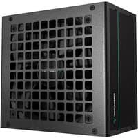 Black DeepCool PF600 power supply unit with 20+4 pin ATX connector and vented grille design.