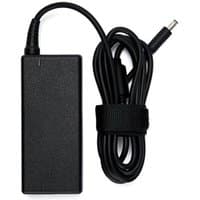 Black Dell power adapter with rectangular body, attached cable, and Velcro strap for cord management.