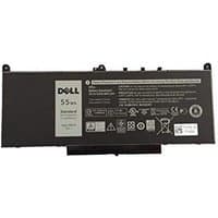 Black Dell 1W2Y2 laptop battery with 55Wh capacity, safety icons, and connector ports on top edge.