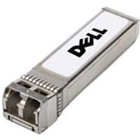Silver Dell SFP+ network transceiver module with fiber optic ports and Dell logo on top.