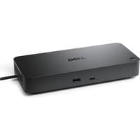 Black Dell Thunderbolt 4 laptop dock with multiple ports and sleek rectangular design.