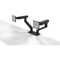 Black Dell dual monitor arm with adjustable joints and VESA mounts on a sleek desk clamp.