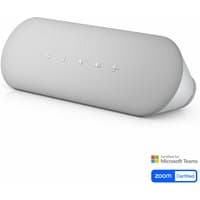 Gray Dell Pro Desktop Speakerphone SP3022 with curved design, touch controls, and certification logos for Teams and Zoom.
