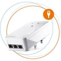 White Devolo PowerLine network adapter with three Ethernet ports and integrated plug, 2400 Mbit/s speed.