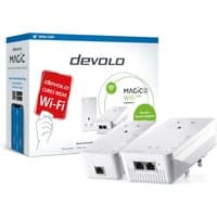 White Devolo Magic 2 WiFi adapter with Ethernet ports, sleek design, includes packaging box with product details.