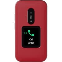 Red and white Doro Leva E30 feature phone with 2.8-inch screen and rear camera, displaying "Call Anne" on small front screen.