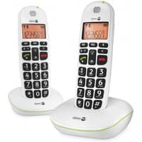 White Doro PhoneEasy 100w duo DECT telephones with large buttons, backlit screens, and charging bases.