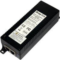 Black DrayTek POE600-K PoE injector with ribbed sides, dual Ethernet ports, and labeled top panel.