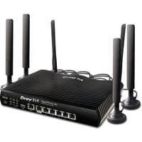 Black DrayTek wireless router with four antennas, Gigabit Ethernet ports, and dual-band support in sleek design.