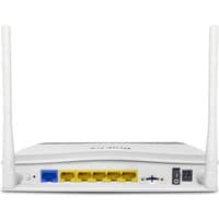 White DrayTek wireless router with dual antennas, five yellow Ethernet ports, one blue port, and power connector.
