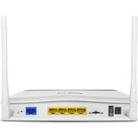 White DrayTek VC510AX-K wireless router with dual antennas, four yellow Ethernet ports, and one blue port.