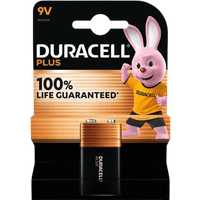 Duracell Plus 9V battery in black and copper, packaged with Duracell bunny mascot on black and orange card.