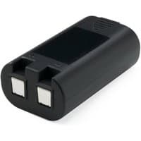 Black DYMO industrial rechargeable lithium-ion battery with two silver connectors and textured grip.