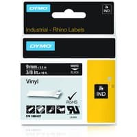 Dymo vinyl ribbon, white on black, 9mm x 5.5m, for Rhino label maker, in branded packaging with product details.