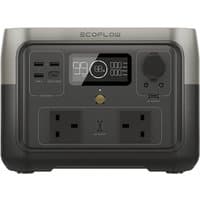 Black and gray EcoFlow RIVER 2 Max power station with digital display, multiple USB ports, and UK sockets.