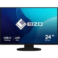Black EIZO FlexScan EV2495-BK monitor, 24.1" display, thin bezel, USB-C and LAN port, EIZO logo on blue screen.