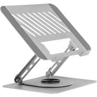Gray electriQ laptop stand with adjustable height and angle, slotted surface, and sturdy metal construction.