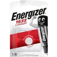 Energizer CR1632 lithium button cell battery in blister pack with red and white design, 3V, 130mAh.