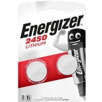 Energizer CR2450 lithium button cell battery pack, 3V, 620mAh, two batteries in red and white blister packaging.