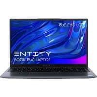 Black Entity laptop with 15.6-inch FHD display, slim bezels, and Windows 11 interface on screen.
