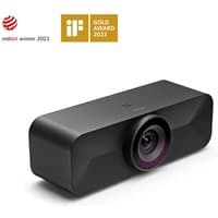 Black EPOS EXPAND Vision 1M USB meeting room camera with wide lens and sleek rectangular design, award logos displayed.
