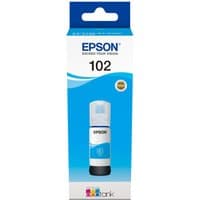 Epson 102 EcoTank Cyan ink bottle with blue label and clear cap, in branded packaging.