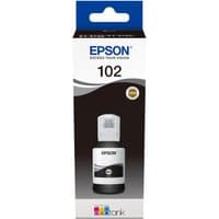 Epson 102 EcoTank Pigment Black ink bottle with white cap and black label in branded packaging.