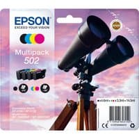 Epson 502 ink cartridge multipack with black, cyan, magenta, yellow cartridges against a sky background.