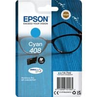 Epson cyan ink cartridge 408, blue packaging with glasses image, 1.1K pages capacity, 14.7ml size.
