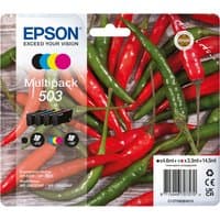 Epson 503 ink cartridge multipack with black, cyan, magenta, yellow cartridges, chili pepper design on packaging.