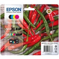 Epson ink cartridge multipack with black, cyan, magenta, yellow XL yield, chili pepper design packaging.