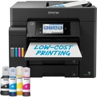 Black Epson EcoTank ET-5805 printer with touchscreen, ink tanks, and paper tray, featuring four color ink bottles.