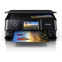 Black Epson Expression Photo XP-8700 printer with touchscreen, printing colorful photo, Wi-Fi enabled.