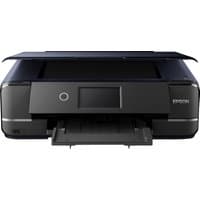 Black Epson Expression Photo XP-970 printer with touchscreen, open paper tray, and Wi-Fi connectivity.