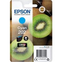 Epson Kiwi Singlepack Cyan 202 ink cartridge with kiwi fruit background and Claria Premium logo.