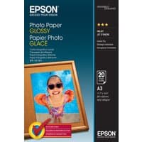 Epson Photo Paper Glossy A3 pack, 20 sheets, vibrant packaging with image of a framed photo and colorful text.