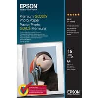 Epson Premium Glossy Photo Paper A4, 15 Sheets, black packaging with puffin image and colorful text accents.