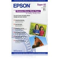 Epson Premium Glossy Photo Paper pack, DIN A3+, 250g/m², 20 sheets, features images of a horse and children.